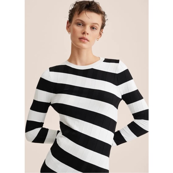 Mango Black White Striped Ribbed Maxi Dress Long Sleeve Bodycon - Picture 7 of 13